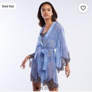 Denim Print Chiffon Robe With Eyelash Lace Details